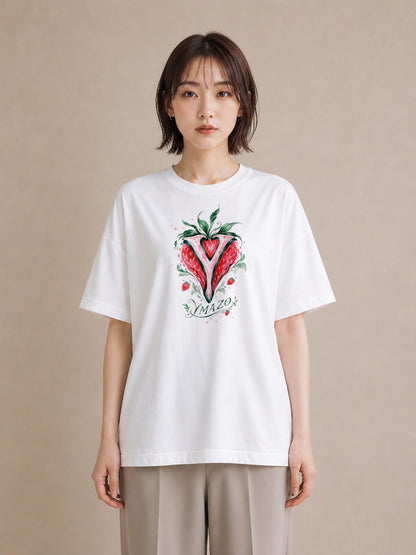 【受注生産】YMAZO Tシャツ レディース 半袖 オーバーサイズ いちご イチゴ 苺 ストロベリー フルーツ 白T 綿100% ホワイト M L ニュアンス くすみカラー ナチュラル デイリー 推し活 初夏 ギフト｜ベリー（大きめプリント