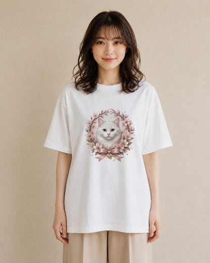 花輪の猫｜さくらリース 水彩 半袖Tシャツ レディース