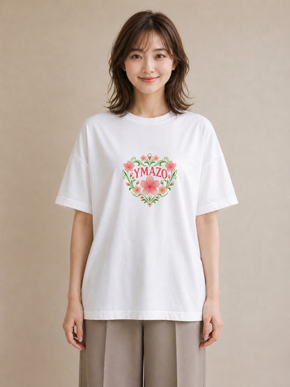 【受注生産】YMAZO Tシャツ レディース 半袖 ビッグT 花柄 フローラル ボタニカル 花 ブーケ 白T 綿100% ホワイト M L 手描き ニュアンス 大人可愛い お出かけ カジュアル 春夏 初夏 プレゼント｜花あそび（大きめプリン