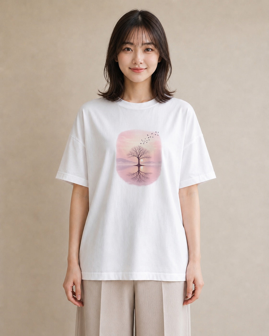 【受注生産】YMAZO Tシャツ レディース 半袖 ゆったり 鳥 小鳥 ことり バード とり 白T 綿100% ホワイト M L ニュアンス ナチュラル フェミニン お出かけ 推し活 初夏 父の日 プレゼント｜YMAZO art（スタンダー