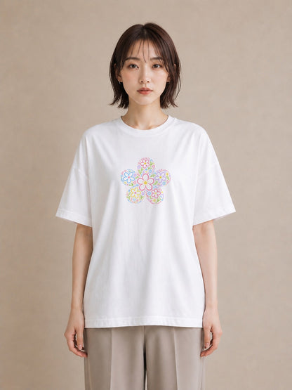 【受注生産】YMAZO Tシャツ レディース 半袖 ビッグT 花柄 フローラル ボタニカル 花 ブーケ 白T 綿100% ホワイト M L ニュアンス ナチュラル くすみカラー 通勤 リンクコーデ 春夏 父の日 プレ｜花あそび（大きめプリン