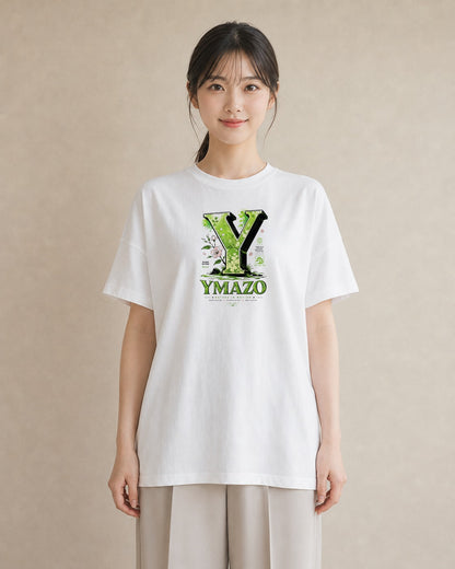 【受注生産】YMAZO Tシャツ レディース 半袖 オーバーサイズ 花柄 フローラル ボタニカル 花 ブーケ 白T 綿100% ホワイト M L ナチュラル フェミニン くすみカラー リンクコーデ お出かけ 初夏 プ｜Y字ロゴ（スタンダード