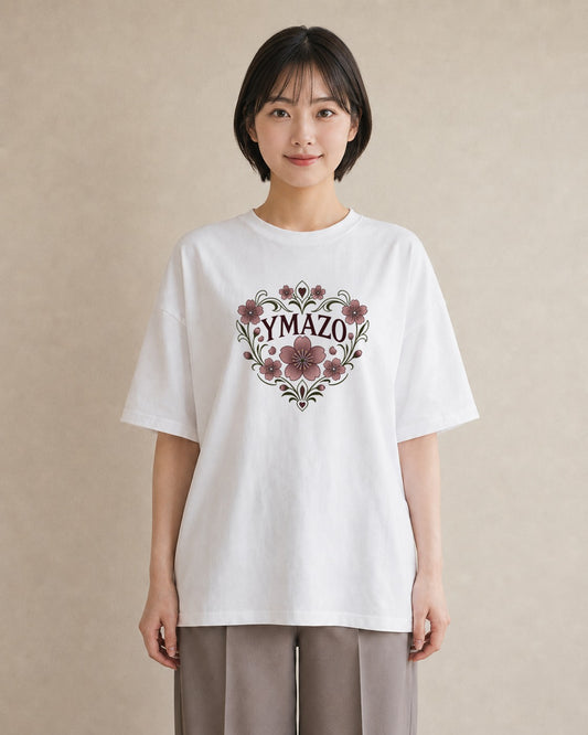 【受注生産】YMAZO Tシャツ レディース 半袖 ビッグシルエット 花柄 フローラル ボタニカル 花 ブーケ 白T 綿100% ホワイト M L 水彩 くすみカラー 手描き デイリー 通勤 2026新作 春夏 父の｜花便り（大きめプリント