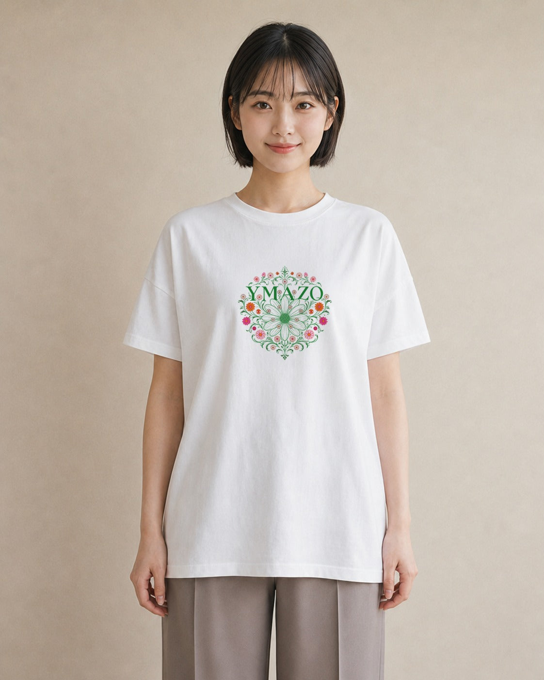 【受注生産】YMAZO Tシャツ レディース 半袖 オーバーサイズ 花柄 フローラル ボタニカル 花 ブーケ 白T 綿100% ホワイト M L ニュアンス 韓国っぽい フェミニン カジュアル デート 父の日 初夏｜花便り（スタンダードプリ