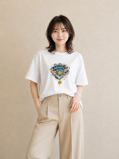【受注生産】YMAZO Tシャツ レディース 半袖 ゆったり 花 花柄 フラワー フローラル ボタニカル 白T 綿100% ホワイト M L 手描き くすみカラー ニュアンス 通勤 カジュアル プレゼント 2026新｜花あそび（スタンダード
