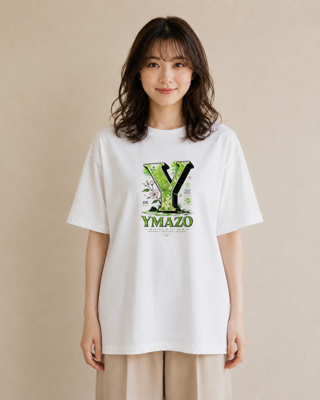 【受注生産】YMAZO Tシャツ レディース 半袖 オーバーサイズ 花柄 フローラル ボタニカル 花 ブーケ 白T 綿100% ホワイト M L ナチュラル フェミニン くすみカラー リンクコーデ お出かけ 初夏 プ｜Y字ロゴ（大きめプリン