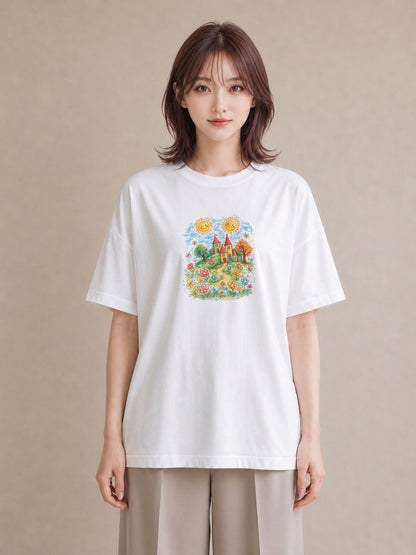 【受注生産】YMAZO Tシャツ レディース 半袖 オーバーサイズ 花 花柄 フラワー フローラル ボタニカル 白T 綿100% ホワイト M L フェミニン 大人可愛い 手描き 推し活 通勤 2026新作 プレゼン｜花便り（大きめプリント