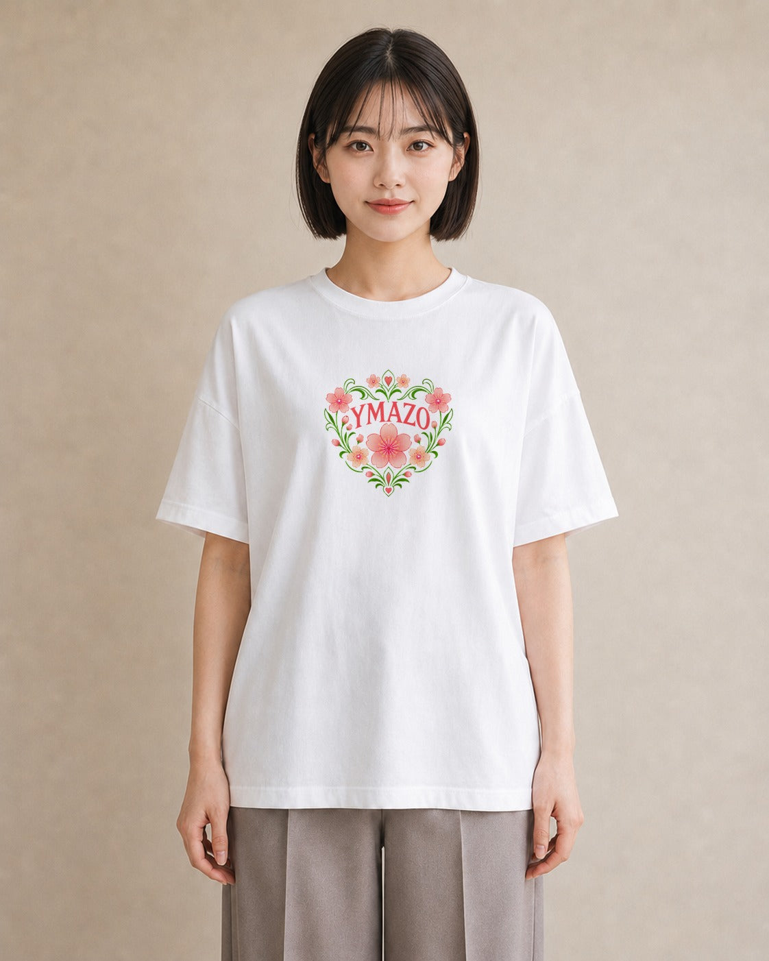 【受注生産】YMAZO Tシャツ レディース 半袖 ビッグT 花柄 フローラル ボタニカル 花 ブーケ 白T 綿100% ホワイト M L 手描き ニュアンス 大人可愛い お出かけ カジュアル 春夏 初夏 プレゼント｜花あそび（大きめプリン