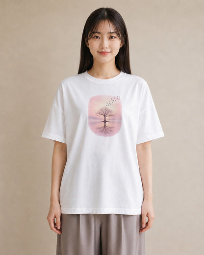 【受注生産】YMAZO Tシャツ レディース 半袖 ゆったり 鳥 小鳥 ことり バード とり 白T 綿100% ホワイト M L ニュアンス ナチュラル フェミニン お出かけ 推し活 初夏 父の日 プレゼント｜YMAZO art（スタンダー