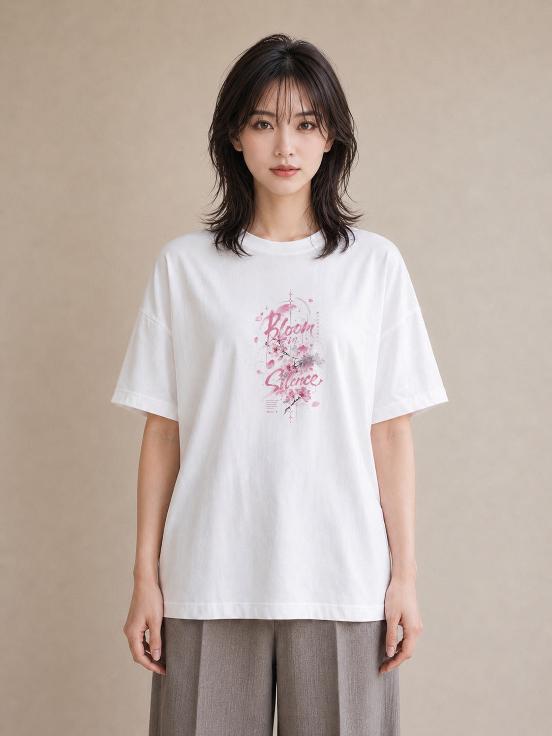 【受注生産】YMAZO Tシャツ レディース 半袖 ビッグT さくら 桜 チェリー サクラ 花 白T 綿100% ホワイト M L フェミニン 韓国っぽい ニュアンス リンクコーデ カジュアル 初夏 父の日 春夏｜花便り（大きめプリント 2