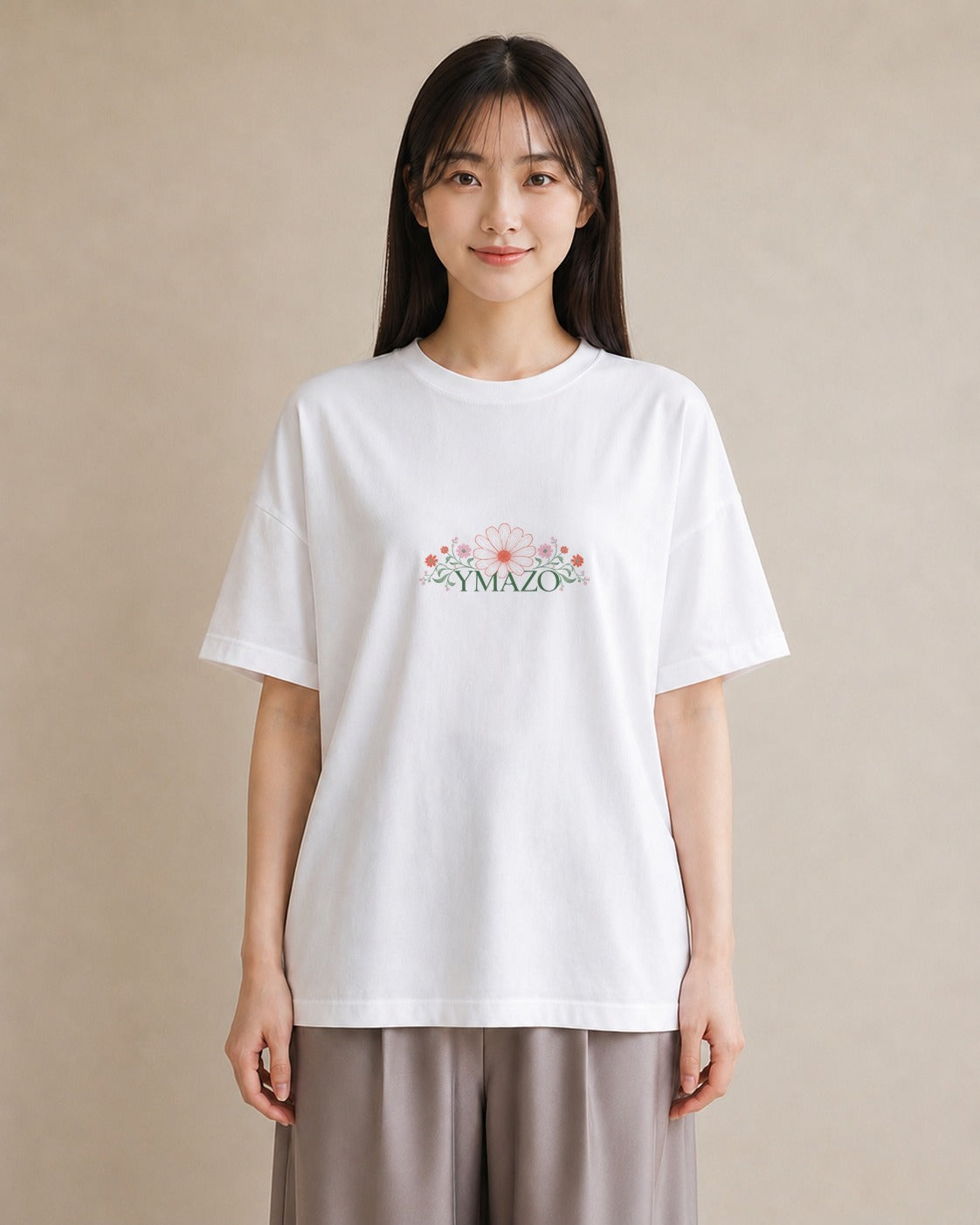 【受注生産】YMAZO Tシャツ レディース 半袖 ビッグT 花柄 フローラル ボタニカル 花 ブーケ 白T 綿100% ホワイト M L フェミニン ナチュラル 韓国っぽい お出かけ リンクコーデ 父の日 2026｜花便り（大きめプリント
