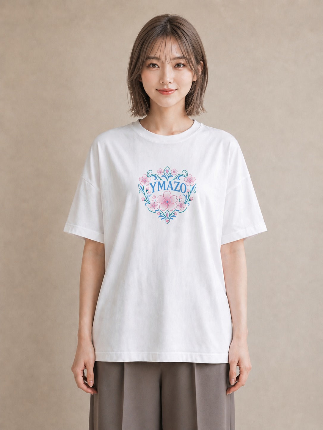 【受注生産】YMAZO Tシャツ レディース 半袖 ビッグT 花柄 フローラル ボタニカル 花 ブーケ 白T 綿100% ホワイト M L 水彩 手描き ナチュラル リンクコーデ 推し活 プレゼント 初夏 ギフト｜花便り（スタンダードプリン