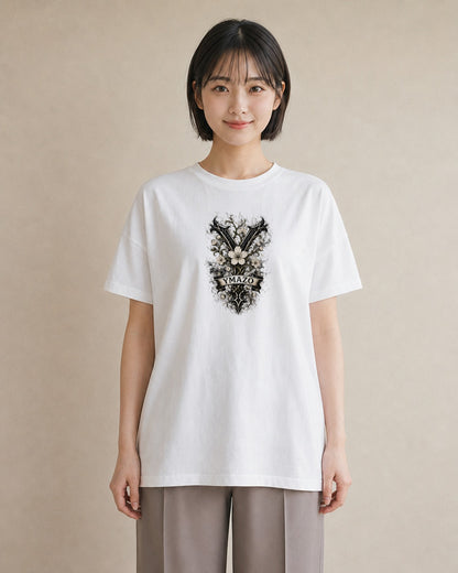 【受注生産】YMAZO Tシャツ レディース 半袖 ビッグT 花柄 フローラル ボタニカル 花 ブーケ 白T 綿100% ホワイト M L 水彩 手描き ナチュラル リンクコーデ 通勤 春夏 2026新作 プレゼント｜Y字ロゴ（大きめプリン