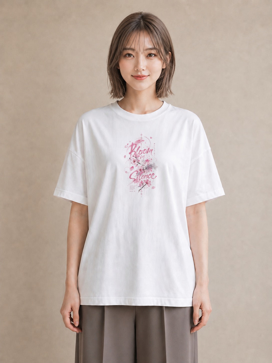 【受注生産】YMAZO Tシャツ レディース 半袖 ビッグT さくら 桜 チェリー サクラ 花 白T 綿100% ホワイト M L フェミニン 韓国っぽい ニュアンス リンクコーデ カジュアル 初夏 父の日 春夏｜花便り（スタンダードプリン