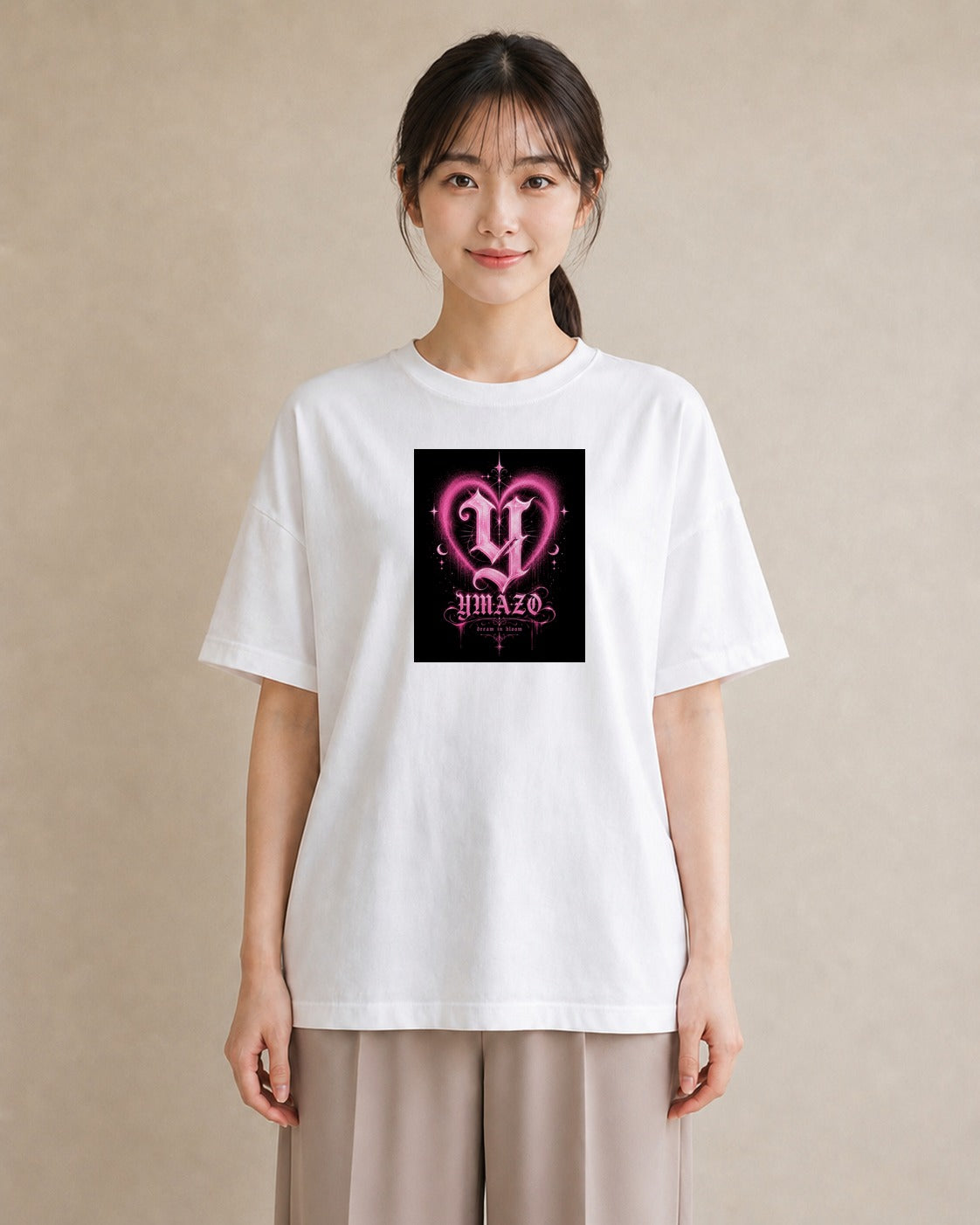 【受注生産】YMAZO Tシャツ レディース 半袖 ビッグシルエット 花柄 フローラル ボタニカル 花 ブーケ 白T 綿100% ホワイト M L ニュアンス 大人可愛い ナチュラル 通勤 お出かけ 父の日 春夏 プ｜Y字ロゴ（スタンダード