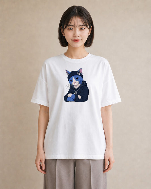 【受注生産】YMAZO Tシャツ レディース 半袖 ビッグシルエット 猫 ねこ ネコ キャット 猫柄 白T 綿100% ホワイト M L 韓国っぽい 手描き くすみカラー お出かけ デイリー 2026新作 父の日 初｜どうぶつ日和（大きめプ