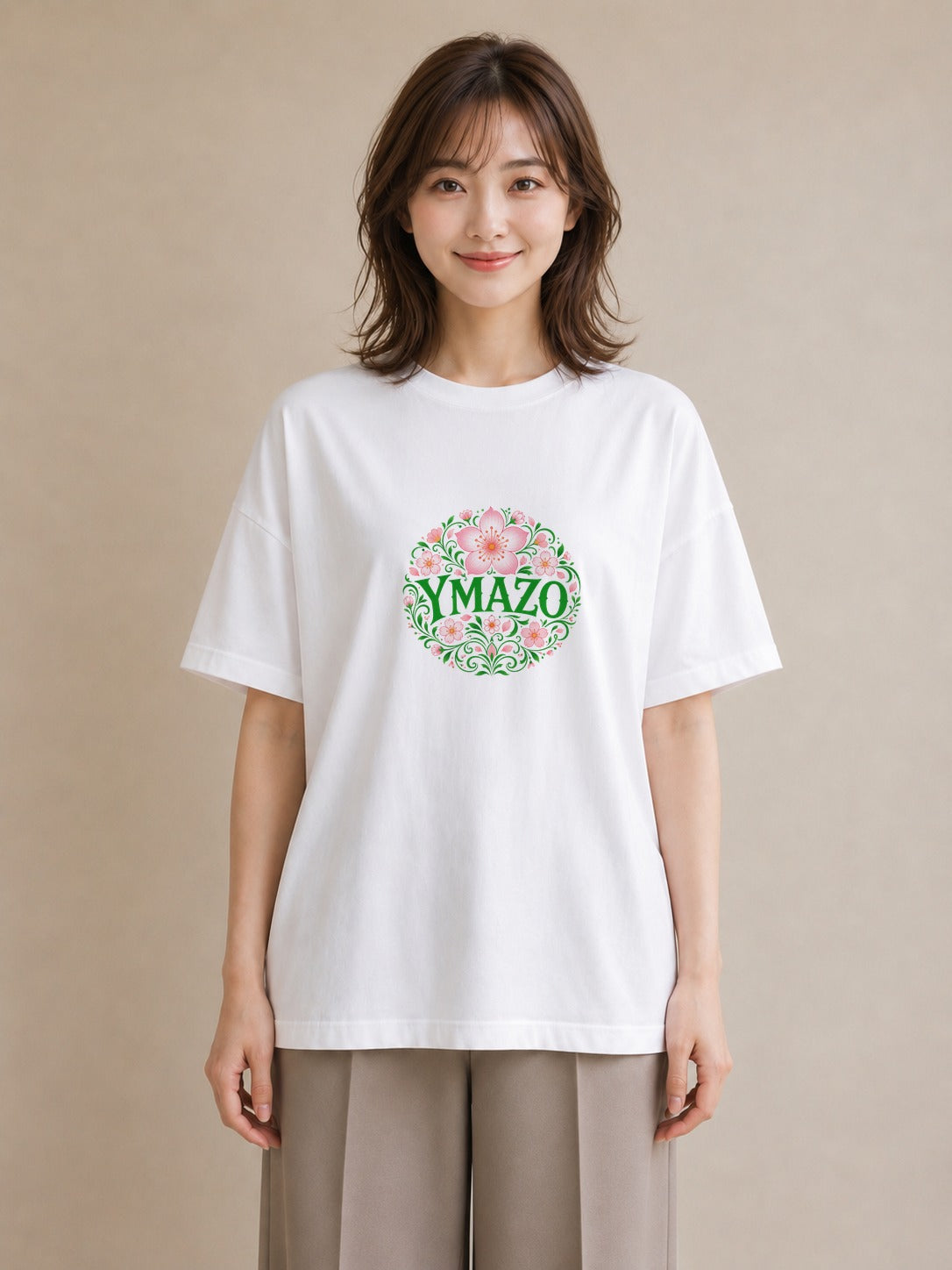 【受注生産】YMAZO Tシャツ レディース 半袖 ビッグシルエット 花柄 フローラル ボタニカル 花 ブーケ 白T 綿100% ホワイト M L くすみカラー 大人可愛い ナチュラル デイリー カジュアル 2026｜花便り（大きめプリント