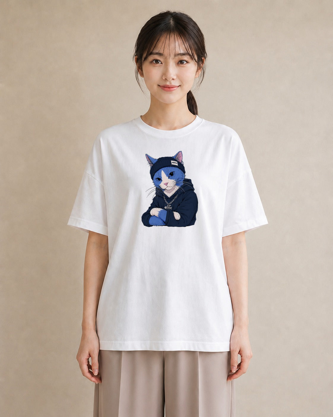 【受注生産】YMAZO Tシャツ レディース 半袖 ビッグシルエット 猫 ねこ ネコ キャット 猫柄 白T 綿100% ホワイト M L 韓国っぽい 手描き くすみカラー お出かけ デイリー 2026新作 父の日 初｜どうぶつ日和（大きめプ
