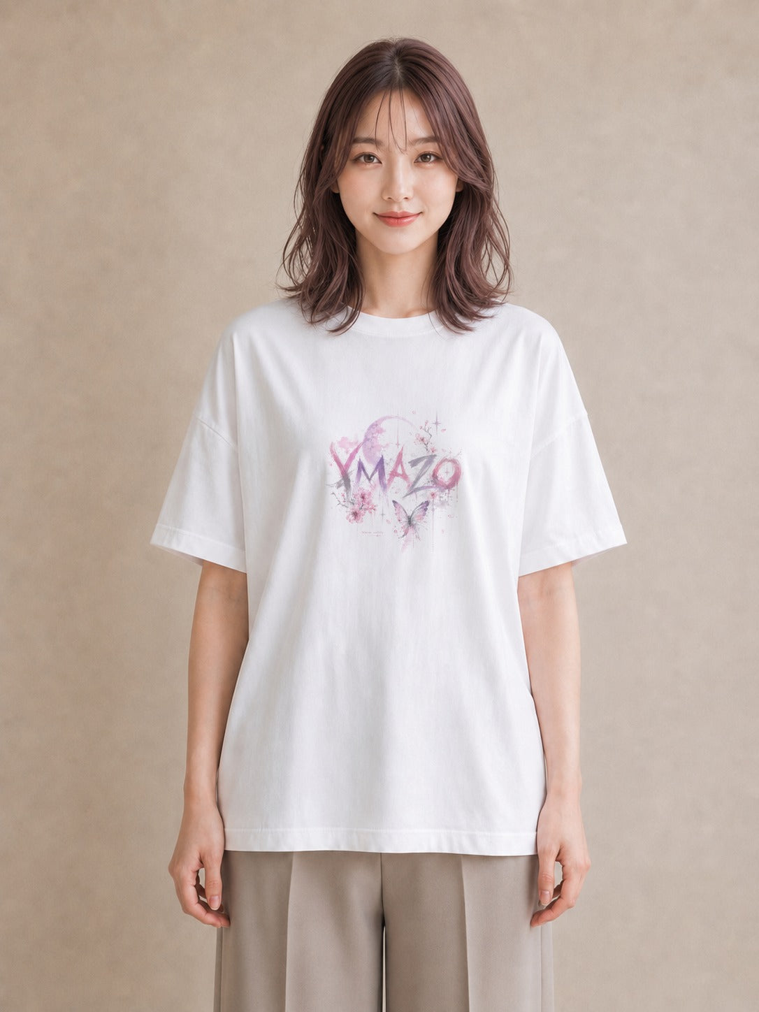 【受注生産】YMAZO Tシャツ レディース 半袖 ビッグT 蝶 ちょうちょ バタフライ 蝶々 さくら 白T 綿100% ホワイト M L ニュアンス 大人可愛い フェミニン 推し活 デート 初夏 プレゼント 父の日｜花あそび（大きめプリン