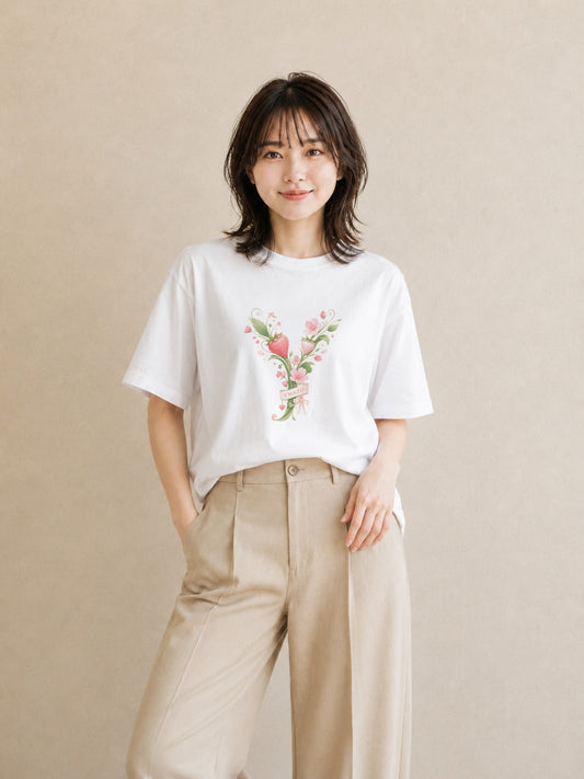 【受注生産】YMAZO Tシャツ レディース 半袖 ゆったり いちご イチゴ 苺 ストロベリー フルーツ 白T 綿100% ホワイト M L ナチュラル ニュアンス フェミニン 通勤 リンクコーデ ギフト 春夏 プレ｜Y字ロゴ（スタンダード