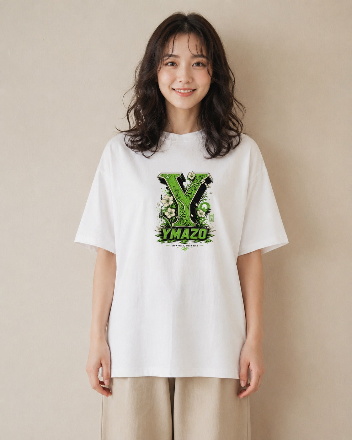 【受注生産】YMAZO Tシャツ レディース 半袖 オーバーサイズ いちご イチゴ 苺 ストロベリー フルーツ 白T 綿100% ホワイト M L 韓国っぽい フェミニン くすみカラー カジュアル デイリー ギフト｜Y字ロゴ（スタンダードプ