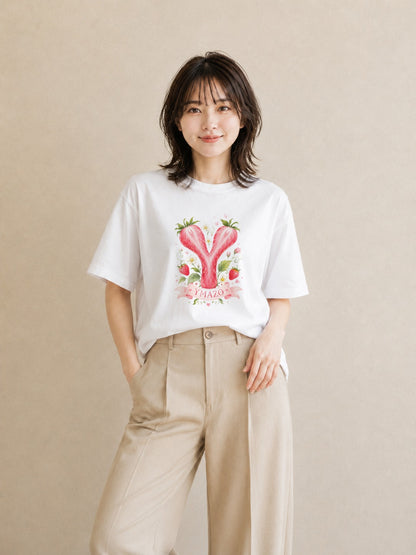 【受注生産】YMAZO Tシャツ レディース 半袖 オーバーサイズ いちご イチゴ 苺 ストロベリー フルーツ 白T 綿100% ホワイト M L 手描き 水彩 ナチュラル 推し活 お出かけ プレゼント 2026新作｜YMAZO art（大