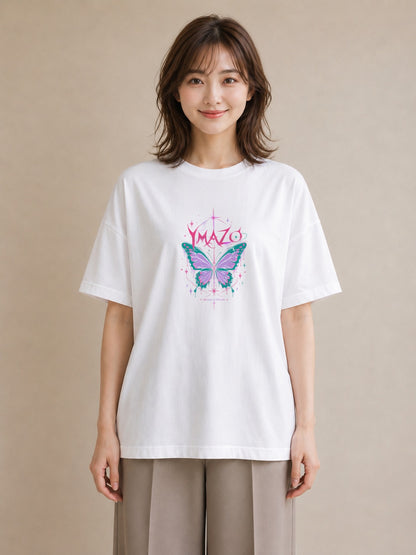【受注生産】YMAZO Tシャツ レディース 半袖 オーバーサイズ 蝶 ちょうちょ バタフライ 蝶々 白T 綿100% ホワイト M L 大人可愛い ナチュラル 韓国っぽい カジュアル 推し活 プレゼント 春夏 父の｜どうぶつ日和（スタンダ