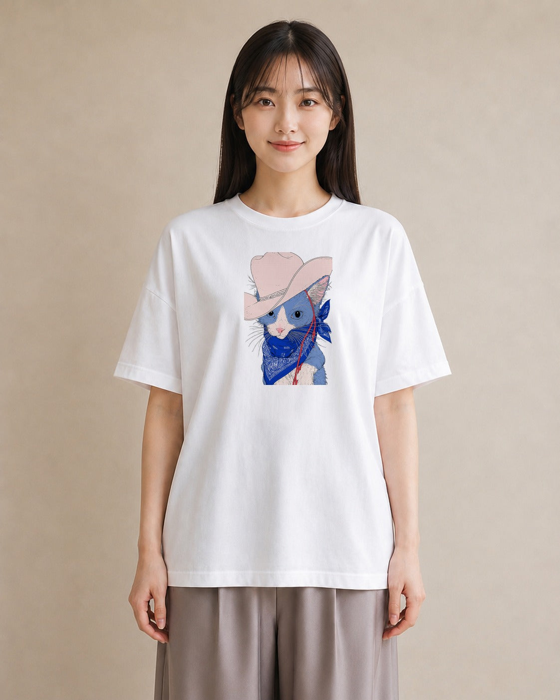 【受注生産】YMAZO Tシャツ レディース 半袖 ゆったり 猫 ねこ ネコ キャット 猫柄 白T 綿100% ホワイト M L 手描き ナチュラル 韓国っぽい リンクコーデ カジュアル プレゼント 父の日 春夏｜どうぶつ日和（大きめプリン