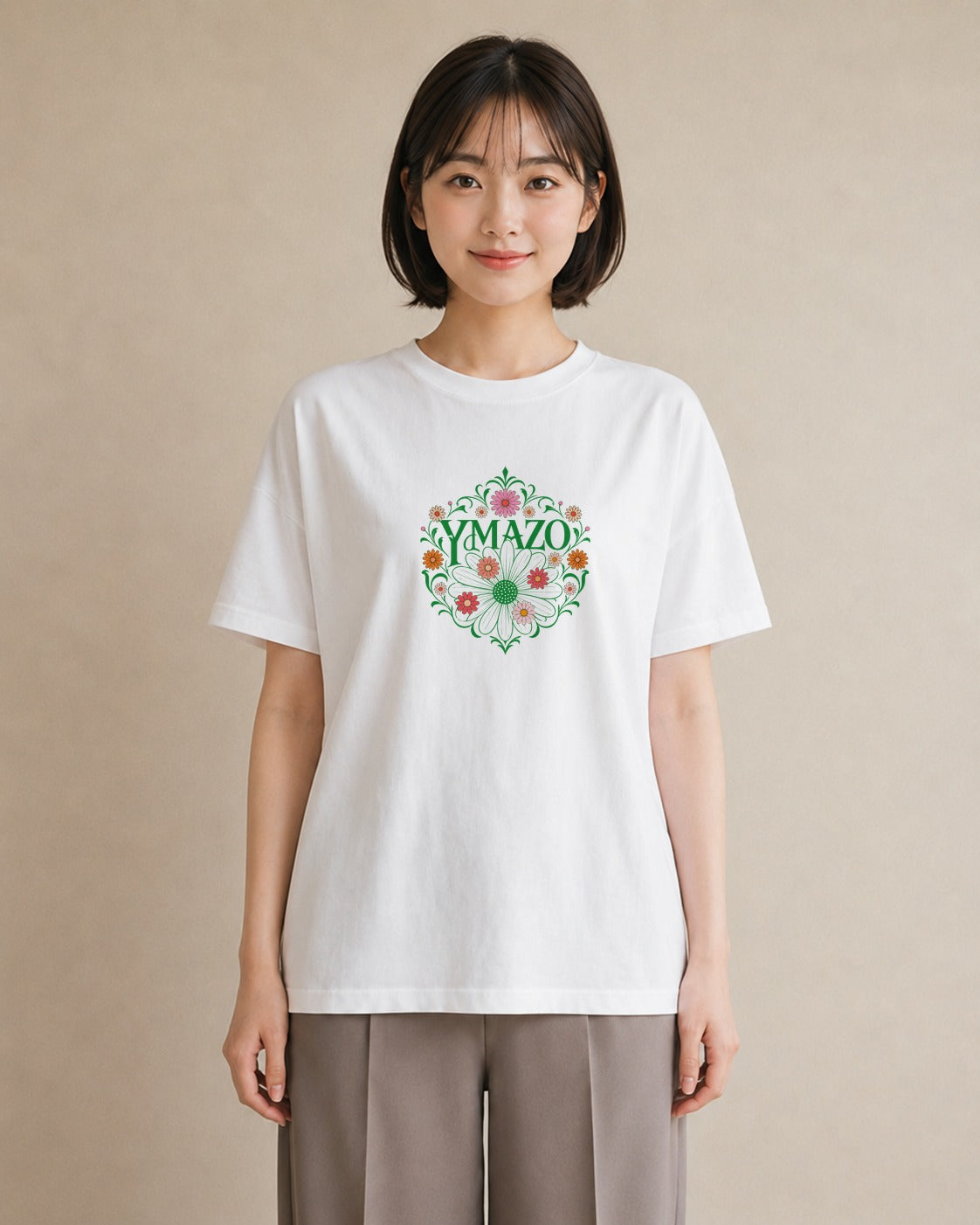 【受注生産】YMAZO Tシャツ レディース 半袖 ゆったり 花柄 フローラル ボタニカル 花 ブーケ 白T 綿100% ホワイト M L ニュアンス フェミニン 韓国っぽい 通勤 リンクコーデ ギフト 2026新作｜花あそび（スタンダード