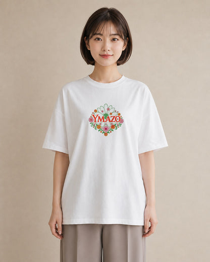 【受注生産】YMAZO Tシャツ レディース 半袖 オーバーサイズ 花柄 フローラル ボタニカル 花 ブーケ 白T 綿100% ホワイト M L 大人可愛い 手描き 韓国っぽい カジュアル デイリー プレゼント 初夏｜花あそび（大きめプリン