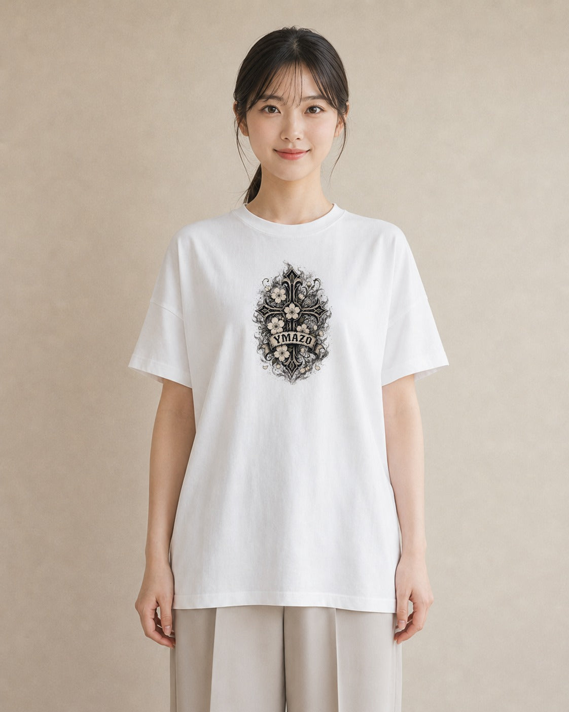 【受注生産】YMAZO Tシャツ レディース 半袖 ゆったり さくら 桜 チェリー サクラ 花 白T 綿100% ホワイト M L 大人可愛い ニュアンス フェミニン デート デイリー 初夏 父の日 春夏｜花あそび（スタンダードプリント 1