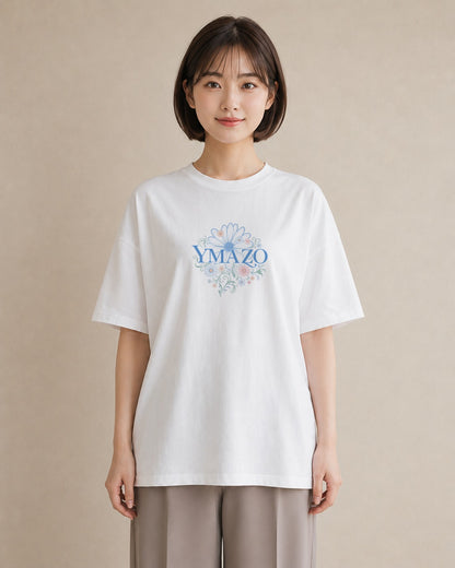 【受注生産】YMAZO Tシャツ レディース 半袖 ゆったり 花柄 フローラル ボタニカル 花 ブーケ 白T 綿100% ホワイト M L ニュアンス フェミニン ナチュラル 通勤 推し活 父の日 初夏 プレゼント｜花便り（スタンダードプリ