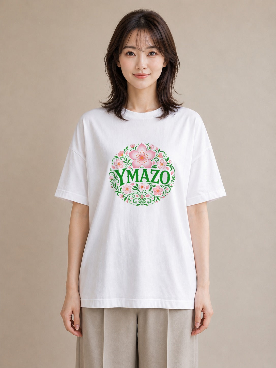 【受注生産】YMAZO Tシャツ レディース 半袖 ビッグシルエット 花柄 フローラル ボタニカル 花 ブーケ 白T 綿100% ホワイト M L くすみカラー 大人可愛い ナチュラル デイリー カジュアル 2026｜花便り（大きめプリント