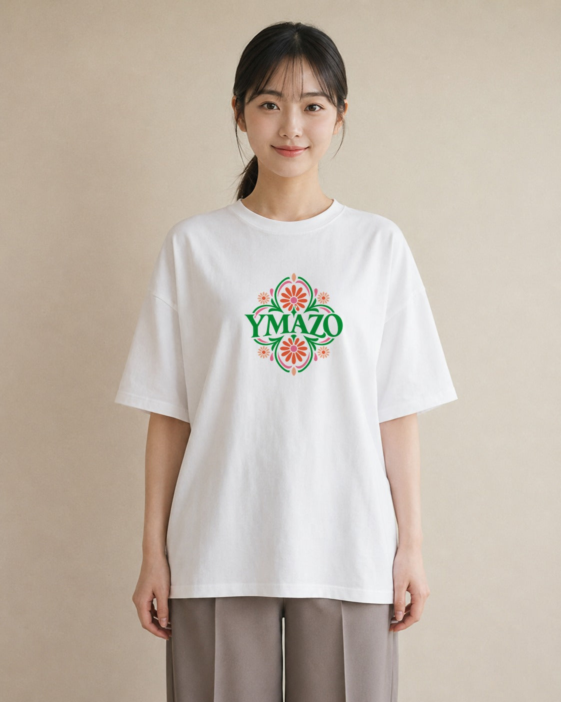 【受注生産】YMAZO Tシャツ レディース 半袖 ゆったり 花柄 フローラル ボタニカル 花 ブーケ 白T 綿100% ホワイト M L 手描き 韓国っぽい 大人可愛い デイリー お出かけ 2026新作 春夏 ギフ｜花便り（大きめプリント